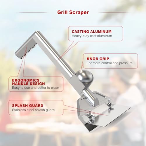 Ziopetru Heavy Duty Grill Scraper with 6 Inch Stainless Steel Sharp Blade and Ergonomic Aluminum Handle, Commercial Grill Scraper, for Outdoor Grill Cleaning