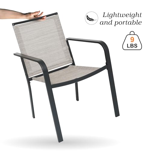 Image of 5-Piece Outdoor Patio Dining Set, 40-Inch Round Glass Table with 4 Stackable Chairs,Beige Grey