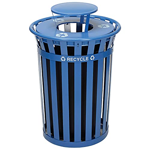Global Industrial 36 Gallon Outdoor Steel Recycling Receptacle with Rain Bonnet Lid, Blue
