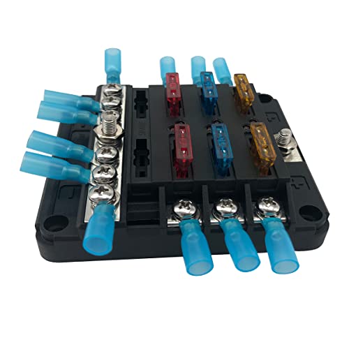 6 Way Fuse Block 12V - 32V,Automotive Fuses Block With Negative Busbar Marine Boat Rv Fuses Box Camper Car Power Distribution Block Heat Shrink Ring Connectors #TOP4