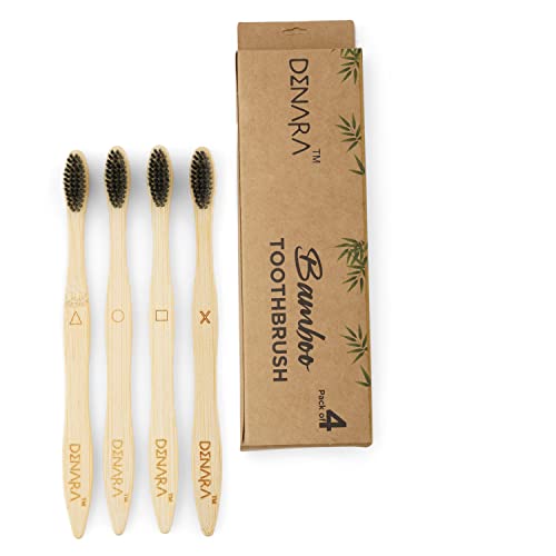 Image of DENARA Bamboo Toothbrush with Charcoal Activated Soft Bristles antibacterial & biodegradable Adult (Pack of 4)