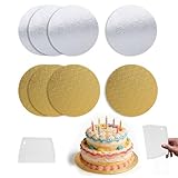 Cake Board Set with Scraper – 8 Round Gold and Silver Foil Cake Bases with 2mm Thick Coating, Reusable Greaseproof Cardboard Cake Boards for Birthday, Wedding, Party and Dessert Display