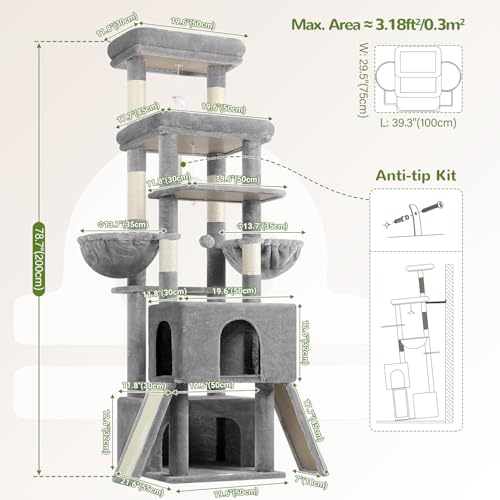 Image of Globlazer Heavy Duty Cat Tree 78 inch Sturdy Cat Tower for 20lbs Large Adult Cats, Symmetrical Aesthetic Big Cat Tree with Extra Large Platform, 2 Scratching Boards, Z78, Light Grey