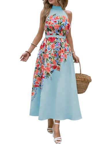 Womens Summer Floral Maxi Dress Halter Neck Sleeveless Sundresses Beach Vacation Wedding Guest Flowy Long Dresses with Belt Blue