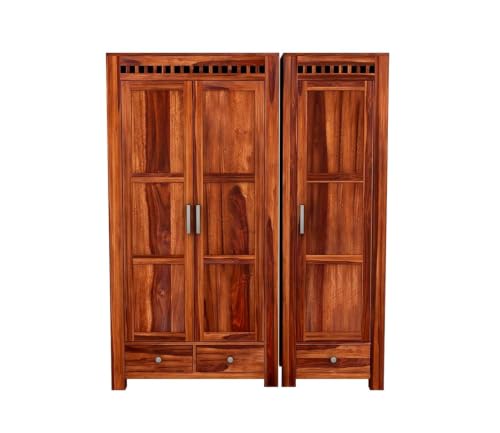 Image of Rajotiya FurnitureSheesham Wood 3 Door Wardrobe Storage with 3 Drawers Wooden Multipurpose Almirah for Home Living Room - Natural Finish| (I-Hony)