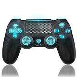 🎮[3D Realistic Gaming Experience] Der Wireless Controller für P-4 ist mit einer 3,5-mm-Stereo-Audiobuchse und Lautsprechern sowie einer eingebauten Zweimotoren-Vibration und einem Sechs-Achsen-Gyroskop ausgestattet. Das Frontlicht kann je nach Spielinhalt die Farbe wechseln, so dass Sie in allen Richtungen in das Spiel eintauchen können.