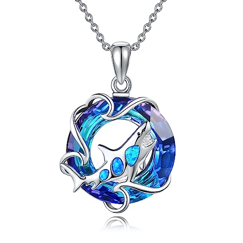 URONE Crystal Shark Necklace for Women 925 Sterling Silver Shark Pendant Necklace with Opal Shark Crystal Jewelry Gifts for Girl Boy Men