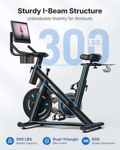 Image of Merach Exercise Bike, Magnetic Stationary Bike with 15.6 inchHD Screen, Low Noise Indoor Cycling Bike with 300lbs Weight Capacity, Comfortable Bike Seat, Tablet Mount and Fitness Courses for Weight Loss