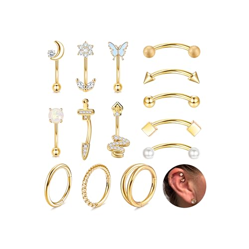 ORAZIO 14 PCS Rook Piercing Jewelry Surgical Steel Eyebrow Piercing 16G Rook Earrings for Women Curved Barbells Eyebrow Rings Belly Lip Ring Cartilage Daith Helix Tragus Body Piercings