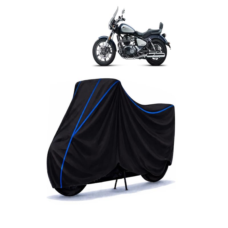 Image of Super Meteor 650 Celestial Bike Cover Water Resistant Universal Motorcycle Rain | Heavy Duty UV Protection, Dust, Scratch Indoor Outdoor All Weather with Black Blue Piping Elastic