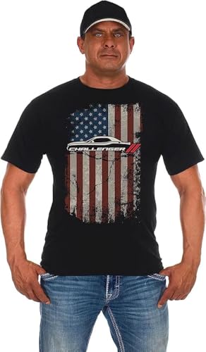 JH DESIGN GROUP Men's Dodge Challenger T-Shirt American Flag Black Crew Neck Shirt (as1, Alpha, x_l, Regular, Regular, Black)