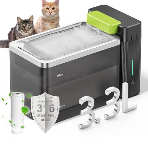 A3Lite Fontanella per Gatti Acciaio 3.3L, Disco in Acciaio 316, Filtrazione Tripla, Ultra Silenziosa (≤20dB), Modalità Touch Cascata/Energia, Avviso di Mancanza d'Acqua -Nero