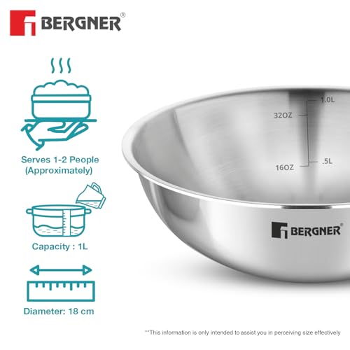 Image of BERGNER Argent TriPly Stainless Steel 2 Pcs Tasra Set - 16cm (900ml) and 18cm (1L), Less Oil Use, Healthy Cooking, Even and Faster Heat Distribution, Easy to Clean - Induction and Gas Stove Ready