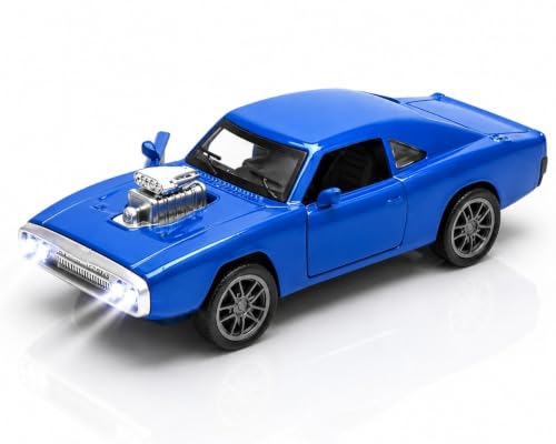 Image of 1970 Dodge Charger Die-Cast Toy Car for Kids - 1:36 Scale Pull Back Metal Model Car with Openable Doors, LED Lights & Music | Vintage Muscle Car Collectible Toy (Blue)
