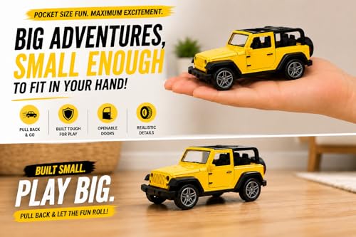 Image of Braintastic Model Diecast Car Toy Vehicle Pull Back Friction with Openable Doors Light & Music Toys for Kids Age 3+ Years (Thar Jeep Small Yellow)