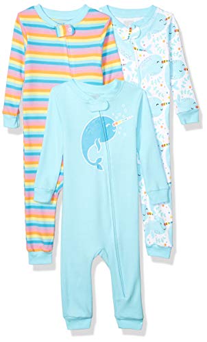 Spotted Zebra Girls' Toddler Snug-Fit Cotton Footless Sleeper Pajamas, 3-Pack Narwhals, 5T