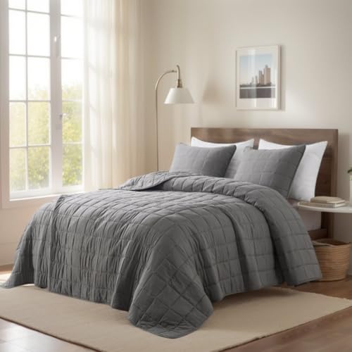ROARINGWILD Grey Queen Size Quilt Bedding Sets with Pillow Sham, Summer Lightweight Soft Bedspread Coverlet, Farmhouse Country Gingham Quilted Blanket Thin Comforter Bed Cover, 2 Pieces, 90x91 inches
