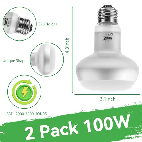 LUCKY HERP Intense Heat Lamp Bulbs for Reptiles 100W 2 Pack, UVA Daylight Reptile Heat Lamp, Reptile Basking Heat Light Bulb for Amphibian, Tortoise, Bearded Dragon, Lizard, Turtle, Snake Heating Use