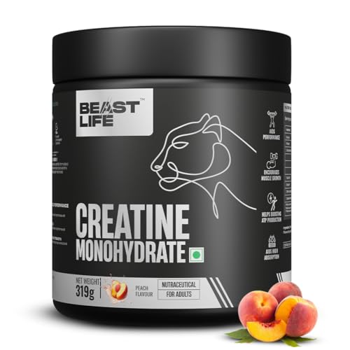 Image of BeastLife Micronised Creatine Monohydrate Powder Peach 319g |86 Servings |NABL Lab Tested | Rapid Absorption for Muscle Strength & Athletic Performance
