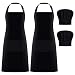 Syntus 2 Pack Apron Chef Hat Set, Adjustable Black Bib Cooking Aprons Water Drop Resistant Elastic Baker Kitchen Cooking Chef Cap Women Men Chef, Black
