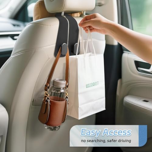 Image of Car Hooks for Headrest, 2Pcs Seat Back Storage Hook Luxurious Leather Multifunctional Car Hanger & Holder for Heatrest, Seat, Bag, Purse Black (Pack of 2)