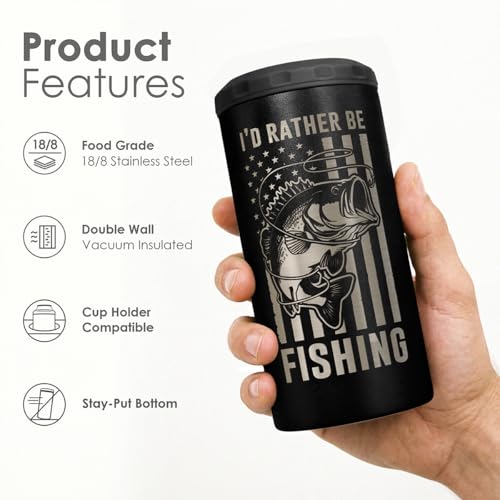 Image of I'd Rather Be Fishing American Flag Can Cooler 12oz - Travel Mug Cup - Stainless Steel Insulated for Men Fishermen - Tumbler Cans Koozie, Gift for Dad Brother Christmas, Birthday, Father's Day