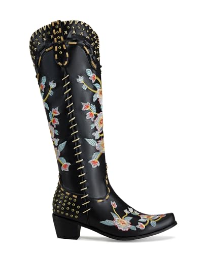 KOKOMOMO Floral Embroidery Cowboy Boots for Women Knee High Cowgirl Boots Chunky Heels Studded Western Country Boot 2 INCH Retro Vintage Classic Tall Boots for Ladies2