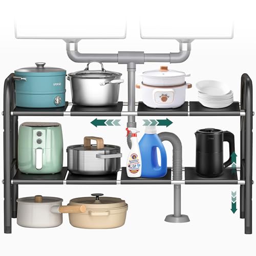 VexNook Rangement et Organisation de Cuisine – Dimensions Ajustables 49 x 25 x (52,5~88) cm, Étagère Extensible sous Évier en Acier Inoxydable (8 Panneaux)
