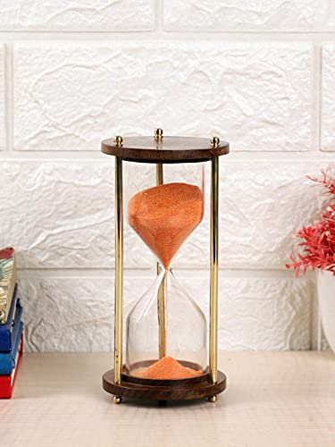 Image of Wooden and Brass Multi Color Sand Timer Hour Glass Sandglass Clock Ideal for Exercise Tea Making Antique Nautical Decor Theme Height 5.5 Inches 5 Minutes (Orange)