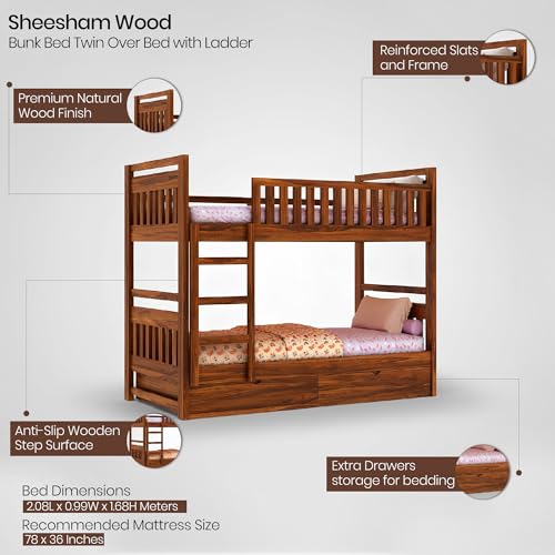Image of Ganpati Arts Solid Sheesham Wood Swift Bunk Bed Twin Over Bed with Ladder Wooden Bunk Bed with 2 Drawer Storage for Bedroom Living Room Home (Natural Finish)