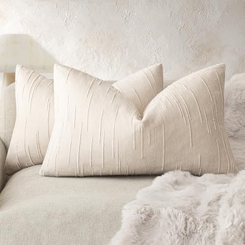 Foindtower Pack of 2 Slubby Textured Chenille Throw Decorative Pillow Covers Lumbar Accent Solid Cushion Cover Neutral Farmhouse Pillow Case for Couch Sofa Bedroom Living Room 12x20 Inch,Ivory