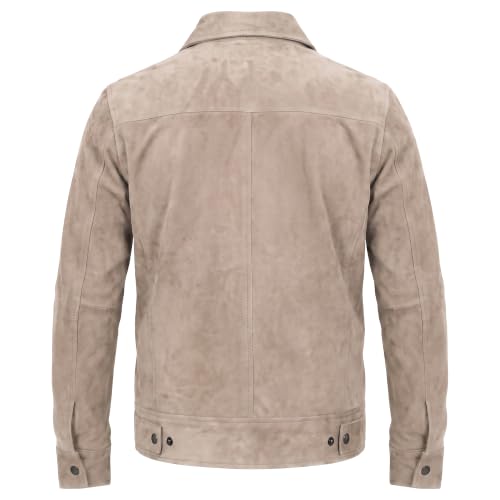 Image of Mens Polo Collar Zipper Suede Shirts Long Sleeve Shacket Suede Trucker Jacket Real Suede Leather Shirt