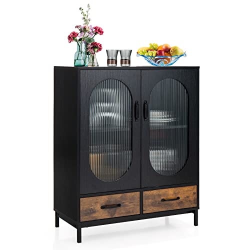 COSTWAY Sideboard mit Glastüren, Buffetschrank mit 2 Schubladen,...