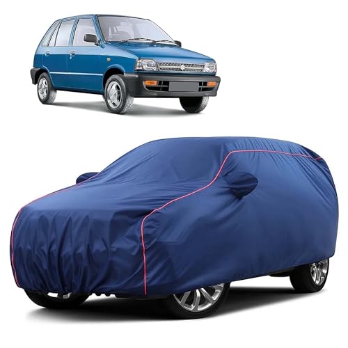 Image of Sulfar 100% Water Resistant Car Body Cover Compatible with Mirror for Maruti Suzuki 800 (Triple Stitched, Full Bottom Elastic, Blue Taffeta with Red Piping)