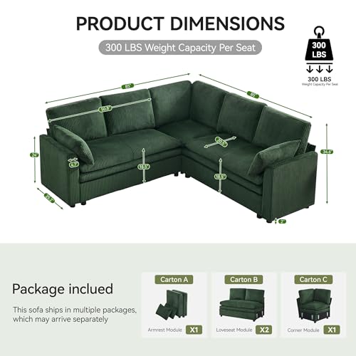 Image of 85 inch Sectional Couches with Comfy Deep Dual-Layer Cushion, 5 Seater L Shaped Couch, Modern Modular Sofa, Corduroy Sofas for Living Room, Apartment, Green