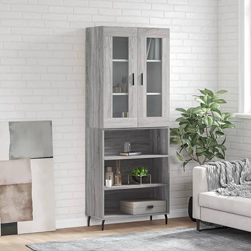 SKTQYQO Aparador gris Sonoma de madera multicapa con puerta y tablero de cristal, mueble moderno para salón y entrada, amplio espacio de almacenamiento, dimensiones 69,5 x 34 x 180 cm,
