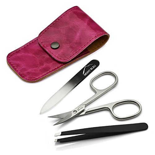 Mont Bleu 3-piece Manicure Set with crystal nail file, in Cruelty Free Pink Leatherette Case | Italian Scissors - Black Czech Crystal Nail File - German Case