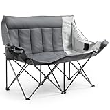 Dowinx Double Camping Chair, Oversized Folding Loveseat with Padded Seat, 660lbs Heavy Duty Portable Lawn Chair with Cup Holders, Glass Holders & Back Storage for Adults, Camping, Beach, Picnic - Gray