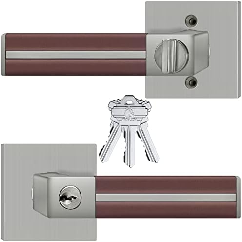 HADE LION Entry Door Handles Brushed Nickel with Keys, Brown Leather Front/Interior Door Knobs, Bedroom Door Lever Lock 1 Pack