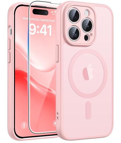 FNTCASE for iPhone 14 Pro Case: [Compatible with Magsafe] Translucent Matte Cases with [Full Camera Protection] [Screen Protector] Military Grade Shockproof Protective Phone Cover - Light Pink