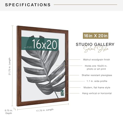 MCS Studio Gallery 16x20 Poster Frame Walnut Woodgrain, Vertical & Horizontal Wall Hanging Large Picture Frame for Photos, Posters & Art Prints (1-Pack)