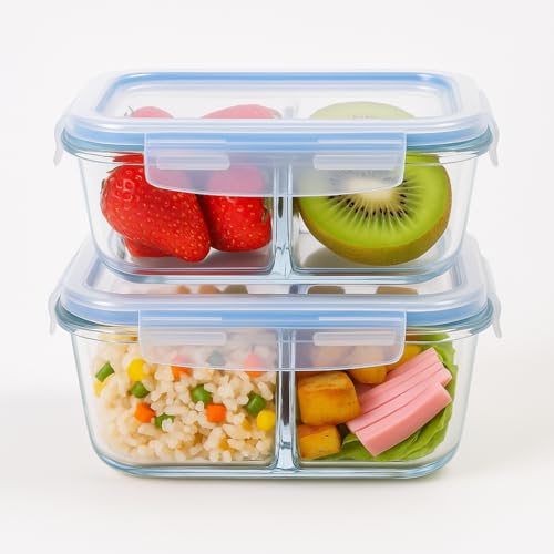 Kit 2 Potes de Vidro Herméticos 640ml com Divisória – Tampa com 4 Travas, Vidro Borossilicato, Livre de BPA, Para Marmita, Freezer e Micro-ondas