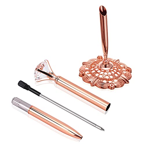 RUTICH Hollow Round Pen Holder Signing Pen Set with Big Diamond Crystal Pen for Wedding Bridal Opening Ceremony Graduation Office, Rose Gold(Black Ink) - Thumbnail 2