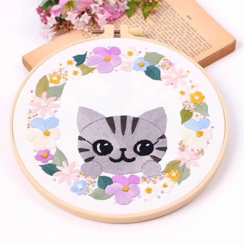 Image of VIRFONOR 4Pack Embroidery Kit for Beginners and Women,Embroidery Cross Stitch Kits with Easy Stamped Floral Pattern, Embroidery Hoop,Tools and Step-by-Step Instructions (Cat Pattern)