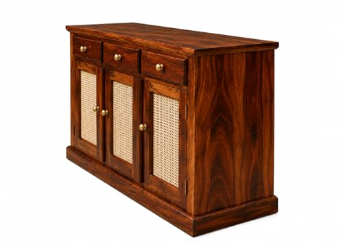 Image of Solid Sheesham Wood Sideboard Cabinet for Living Room | Storage Cabinet with 3 Doors & 4 Drawers | Wooden Buffet Cabinet | Cane Cabinet | Console Cabinet | Home Furniture Dark Honey Finish