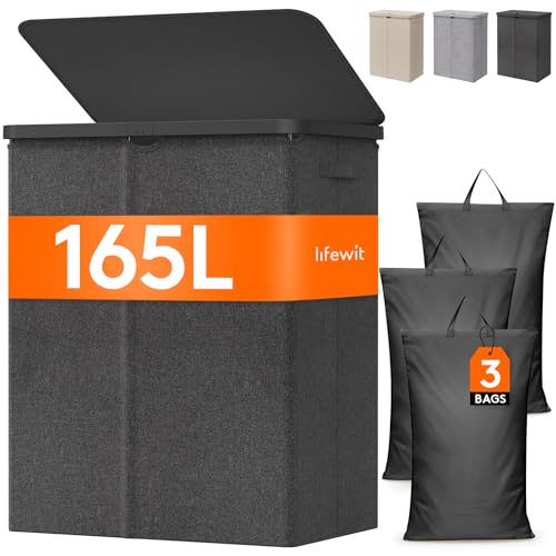 Lifewit 3 Fächer Wäschekorb mit Deckel, 165L Wäschesammler mit...