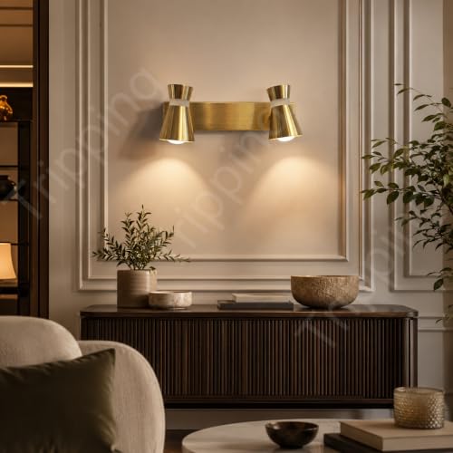 Image of TRIPPING LX397 8W 3-in-1 LED Wall Light with 2 Adjustable Heads, Golden Metal Focus Spot Lamp for Dressing Table, Mirror, Bedside and Accent Wall, 30 x 15 x 7 cm