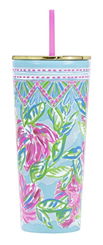 Lilly Pulitzer Double Wall Tumbler with Lid and Reusable Straw, Insulated Travel Cup Holds 24 Ounces, Totally Blossom