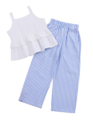Image of Girl's 2 Piece Striped Outfits Cami Top Wide Leg Pants Ruffle Hem Summer Clothes with 2 Pockets 3-14Y