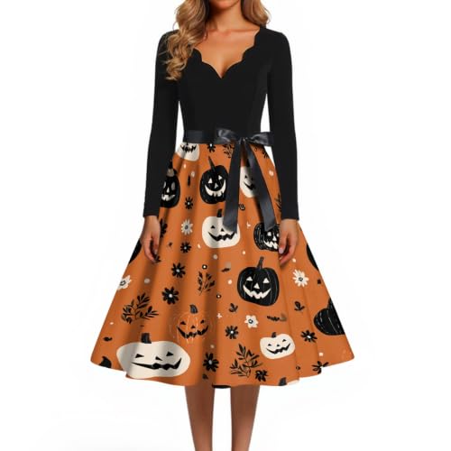 Vestido midi de Halloween elegante de corte evasé holgado y mangas largas 2